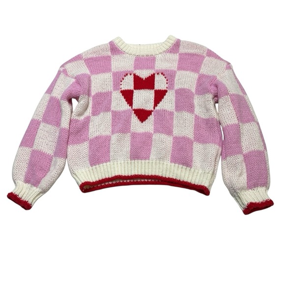 Luna Ivy Sweater Womens L Pink White Checkerboard Heart Thick Knit Pullover - Picture 3 of 9